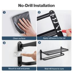 Rackhams Towel Holder with 2 Bars Wall Mounted Black No Drill Bathroom Shelf Black - thumbnail 4
