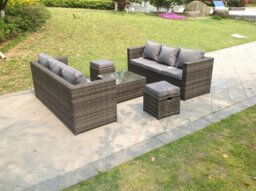 Rackhams Dark Grey Rattan Garden Outdoor Sofa Set Square Coffee Table Small Footstools 8 Seater - thumbnail 1