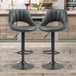 Rackhams 2PC Height Adjustable 360 PU Leather Swivel Bar Stools Set Black - thumbnail 3