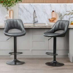 Rackhams 2PC Height Adjustable 360 PU Leather Swivel Bar Stools Set Black - thumbnail 2