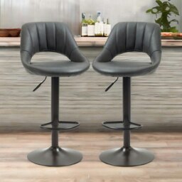 Rackhams 2PC Height Adjustable 360 PU Leather Swivel Bar Stools Set Black