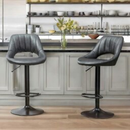 Rackhams 2PC Height Adjustable 360 PU Leather Swivel Bar Stools Set Black - thumbnail 6