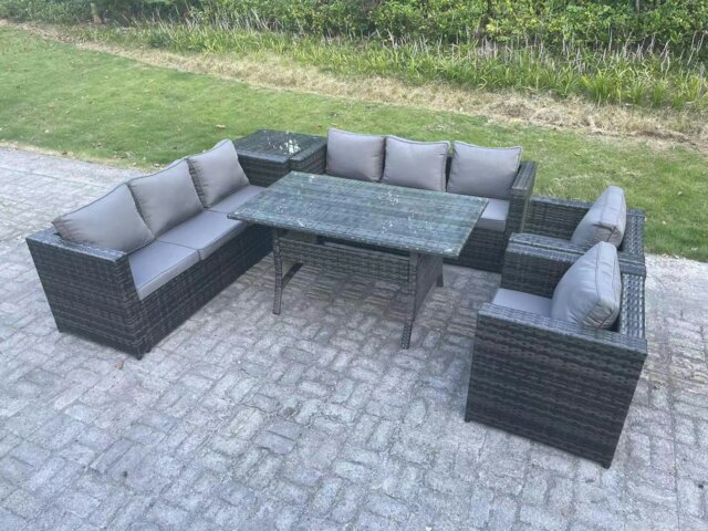 Rackhams Outdoor Garden Furniture Rattan Lounge Sofa Set Patio Rectangular Dining Table with 2 Armchair Side Table 8 Seater Dark Grey Mixed - image 1