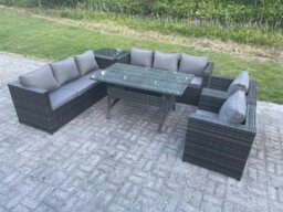 Rackhams Outdoor Garden Furniture Rattan Lounge Sofa Set Patio Rectangular Dining Table with 2 Armchair Side Table 8 Seater Dark Grey Mixed - thumbnail 2