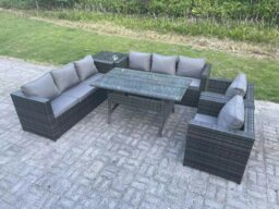 Rackhams Outdoor Garden Furniture Rattan Lounge Sofa Set Patio Rectangular Dining Table with 2 Armchair Side Table 8 Seater Dark Grey Mixed - thumbnail 1