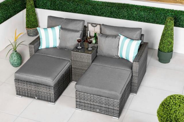 Rackhams Havana 2 Seat Modular Sofa Rattan Garden Balcony Furniture Set Outdoor Drinks Cooler Table & 2 Ottomans - Grey - 1 - image 1