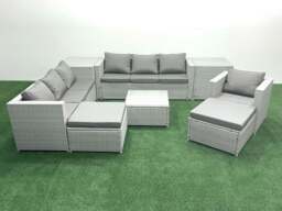 Rackhams Wicker PE Rattan Sofa Garden Furniture Set with Armchair Square Coffee Table 2 Big Footstools 2 Side Tables Light Grey Mixed - thumbnail 2