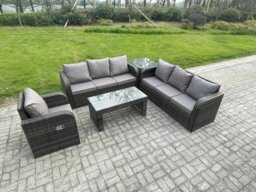 Rackhams 7 Seater Wicker PE Rattan Sofa Set Outdoor Patio Garden Furniture Set with Side Table Reclining Chairs Coffee Table Dark Grey Mixed - thumbnail 1