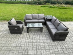 Rackhams 7 Seater Wicker PE Rattan Sofa Set Outdoor Patio Garden Furniture Set with Side Table Reclining Chairs Coffee Table Dark Grey Mixed - thumbnail 2