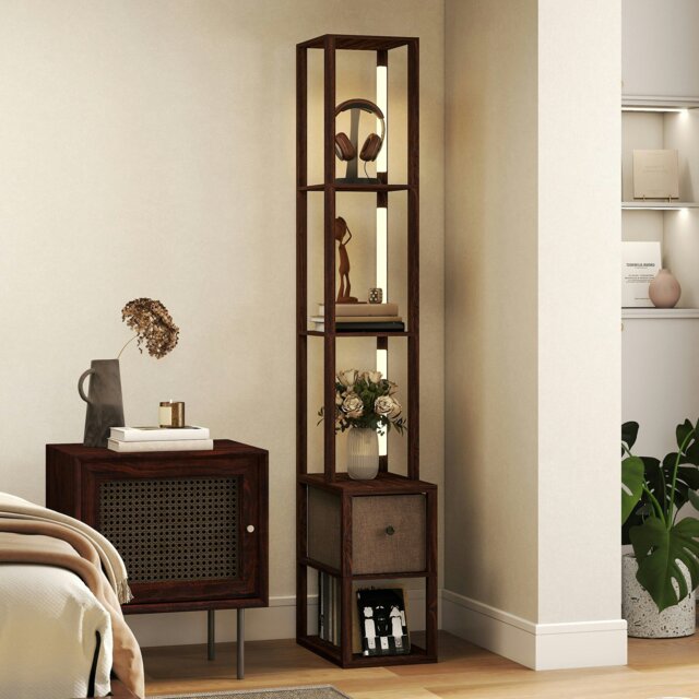 Rackhams Floor Lamp with Shelves, LED Standing Lamp with Fabric Drawer, Oak - Dark brown - image 1