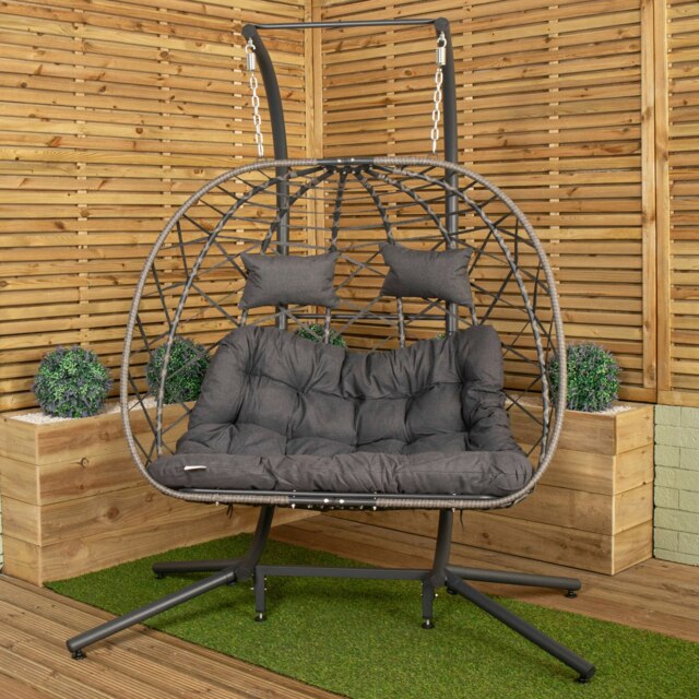 Rackhams 2 Seater Hanging Garden Rattan Egg Chair with Steel Frame and Waterproof Cover in Grey - Hanging Egg Chair - image 1