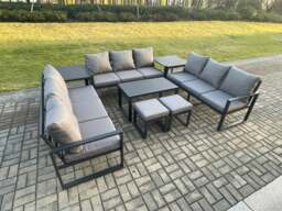 Rackhams Aluminium 11 Seater Outdoor Garden Furniture Set Sofa Oblong Coffee Table 2 PC Small Footstools 2 PC Side Table Sets with Cushions Dark Grey - thumbnail 1