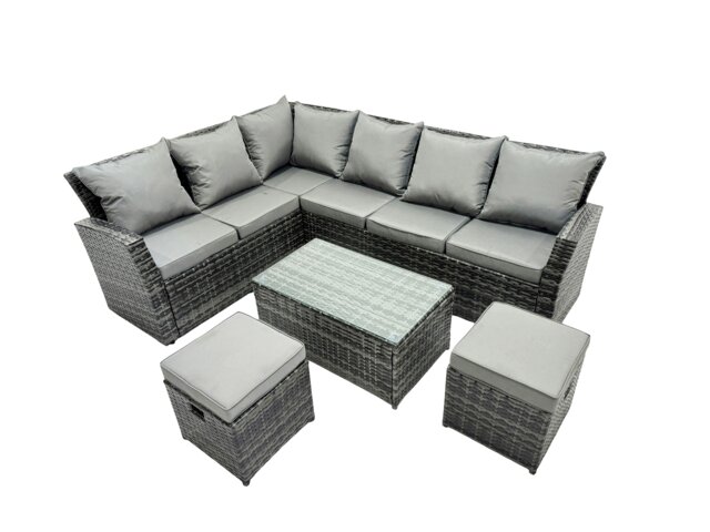 Rackhams 8 Seater High Back Rattan Garden Furniture Set Corner Sofa With Oblong Coffee Table Footstool - image 1