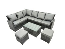 Rackhams 8 Seater High Back Rattan Garden Furniture Set Corner Sofa With Oblong Coffee Table Footstool - thumbnail 1