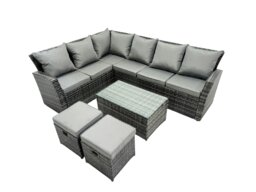 Rackhams 8 Seater High Back Rattan Garden Furniture Set Corner Sofa With Oblong Coffee Table Footstool - thumbnail 2