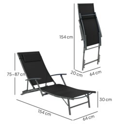 Rackhams Set of 2 Garden Sun Loungers, Folding Chaise Lounge Chairs, Black - Black - Texteline - 64W x 154D x 87H cm - thumbnail 5