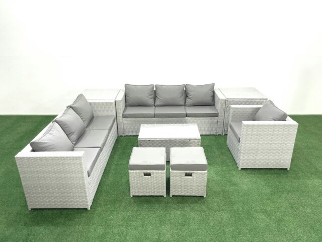 Rackhams Wicker PE Rattan Sofa Garden Furniture Set with Armchair Oblong Coffee Table 2 Small Footstools 2 Side Tables Light Grey Mixed - image 1