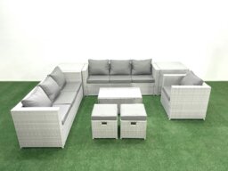 Rackhams Wicker PE Rattan Sofa Garden Furniture Set with Armchair Oblong Coffee Table 2 Small Footstools 2 Side Tables Light Grey Mixed - thumbnail 1