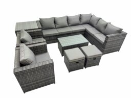 Rackhams Patio Sofa Oblong Coffee Table Set Rattan Garden Furniture Set with 2 Chairs 2 Small Stools Side Table Dark Grey Mixed - thumbnail 1