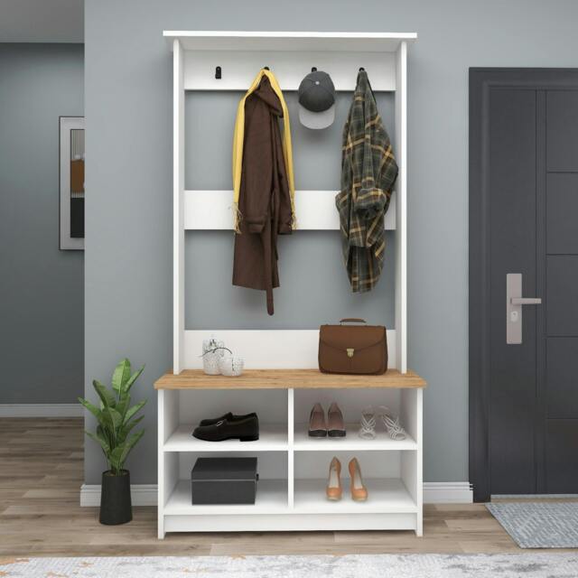 Rackhams Amelia Modern Hallways Coat Rack with 4 Shelves & Metal Hooks - Atlantic Pine - White - image 1