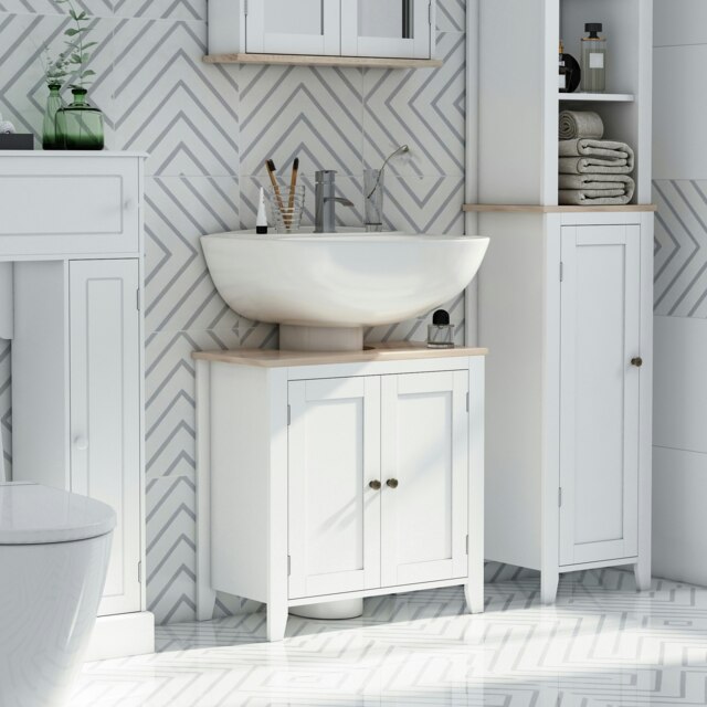 Rackhams Bathroom Pedestal Under Sink Cabinet Floor w/ Storage Shelf Double Door - image 1