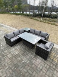 Rackhams 7 Seater PE Rattan Corner Sofa Set Garden Furniture Rising Adjustable Dining Table Set High Side Coffee Table With Arm Chair - thumbnail 2