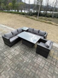 Rackhams 7 Seater PE Rattan Corner Sofa Set Garden Furniture Rising Adjustable Dining Table Set High Side Coffee Table With Arm Chair - thumbnail 1