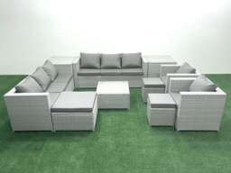 Rackhams Outdoor Rattan Sofa Garden Furniture Set with 2 Armchairs Square Coffee Table 3 Footstools 2 Side Tables Light Grey Mixed - thumbnail 1