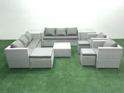 Rackhams Outdoor Rattan Sofa Garden Furniture Set with 2 Armchairs Square Coffee Table 3 Footstools 2 Side Tables Light Grey Mixed - thumbnail 2