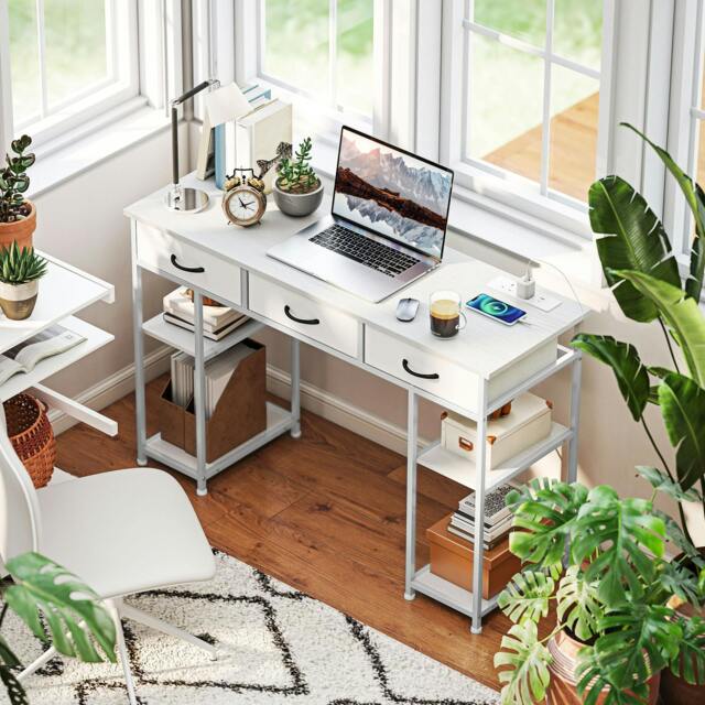 Rackhams Computer Writing Desk with Power Outlets, Drawers, Shelves, Brown - White - 120W x 40D x 76H cm - image 1