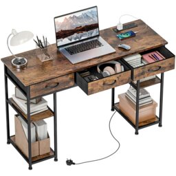 Rackhams Computer Writing Desk with Power Outlets, Drawers, Shelves, Brown - White - 120W x 40D x 76H cm - thumbnail 2