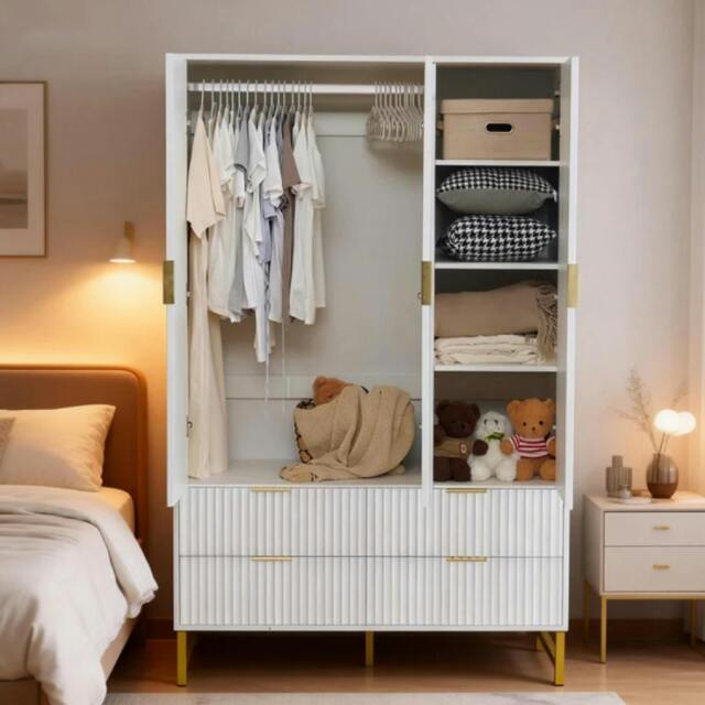 Rackhams White Wooden Wardrobe Cabinet with Drawers, Hanging Rail, Modern Clothes Storage Unit for Bedroom - 118x55x185 CM -  3 Door Wardrobe - image 1