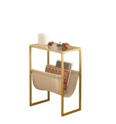 Rackhams Slim Gold Side Table – Narrow Glass Sofa End Table with Fabric Magazine Holder - thumbnail 4