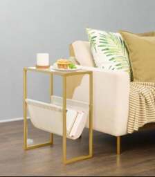 Rackhams Slim Gold Side Table – Narrow Glass Sofa End Table with Fabric Magazine Holder