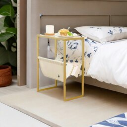 Rackhams Slim Gold Side Table – Narrow Glass Sofa End Table with Fabric Magazine Holder - thumbnail 6