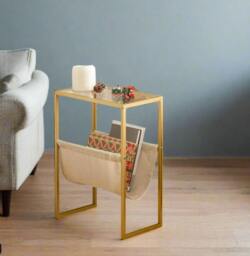 Rackhams Slim Gold Side Table – Narrow Glass Sofa End Table with Fabric Magazine Holder - thumbnail 2
