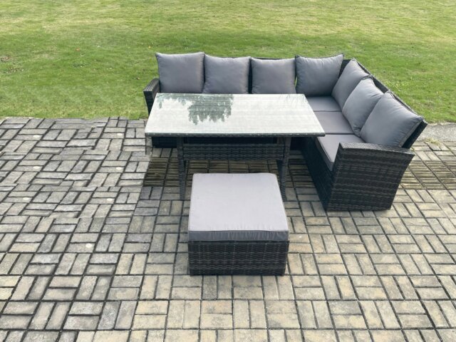 Rackhams 7 Seater Garden Rattan Furniture Corner Sofa Dining Table Set with Big Footstool Indoor Outdoor Lounge Sofa Set - image 1