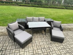 Rackhams Rattan Outdoor Garden Furniture Set Rectangular Dining Table and Chair Sofa Set With 2 Side Tables 2 Big Footstool 7 Seater Dark Grey Mixed - thumbnail 2