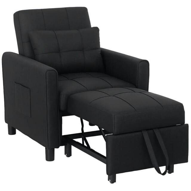Rackhams 3-In-1 Linen-Look Single Chair Bed with 11cm Thick Adjustable Back & Eucalyptus Wood Sofa Frame - Black