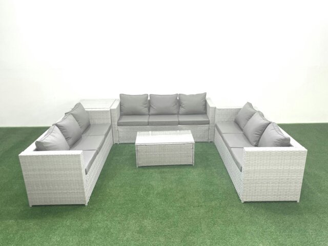 Rackhams Rattan Garden Outdoor Furniture Set 9 Seater Garden Sofa Coffee Table Set with Side Table Light Grey Mixed - image 1