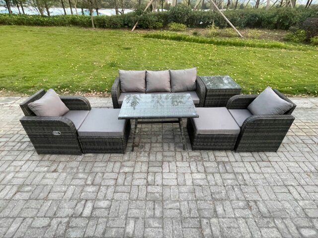 Rackhams Outdoor Garden Furniture Sets 7 Pieces Wicker Rattan Furniture Sofa Sets with Rectangular Dining Table 2 Big Footstool Side Table - image 1