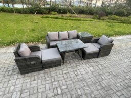 Rackhams Outdoor Garden Furniture Sets 7 Pieces Wicker Rattan Furniture Sofa Sets with Rectangular Dining Table 2 Big Footstool Side Table - thumbnail 2