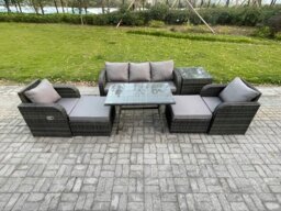 Rackhams Outdoor Garden Furniture Sets 7 Pieces Wicker Rattan Furniture Sofa Sets with Rectangular Dining Table 2 Big Footstool Side Table - thumbnail 1