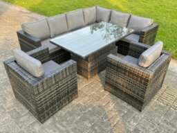 Rackhams Dark Mixed Grey Outdoor Rattan Garden Furniture Sofa Set Rising Adjustable Dining Or Coffee Table 2 Chairs Patio Furniture Right Corner - thumbnail 2