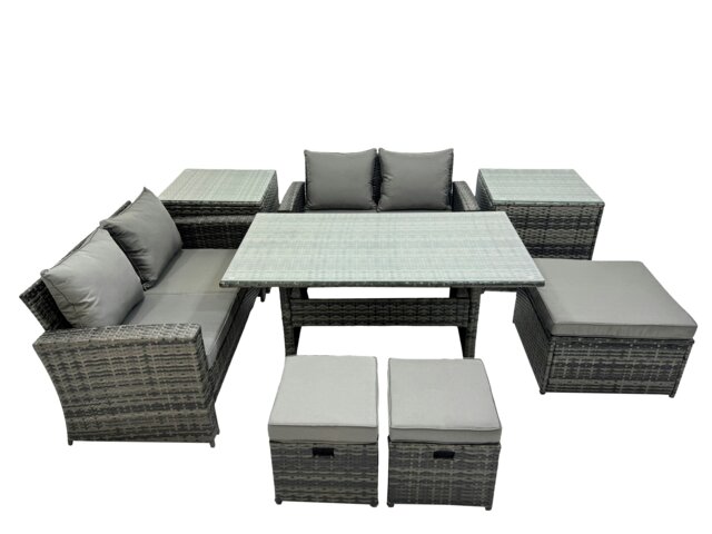 Rackhams 7 Seater Wicker PE Rattan Furniture Outdoor Dining Table Double Seat Sofa 2 Side Table 3 Stool Set Dark Grey Mixed - image 1
