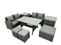 Rackhams 7 Seater Wicker PE Rattan Furniture Outdoor Dining Table Double Seat Sofa 2 Side Table 3 Stool Set Dark Grey Mixed - thumbnail 2