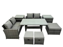 Rackhams 7 Seater Wicker PE Rattan Furniture Outdoor Dining Table Double Seat Sofa 2 Side Table 3 Stool Set Dark Grey Mixed - thumbnail 1