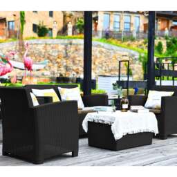 Rackhams SANTANA 4 Piece PE Rattan 4-Seater with Cushions Garden Furniture and Coffee Table Set in Black - thumbnail 1