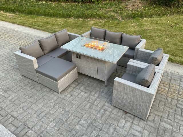 Rackhams Light Grey Rattan Garden Furniture Set Gas Fire Pit Dining Table Heater Burner Lounge Sofa Set Chairs Footstool - image 1