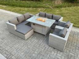 Rackhams Light Grey Rattan Garden Furniture Set Gas Fire Pit Dining Table Heater Burner Lounge Sofa Set Chairs Footstool - thumbnail 1